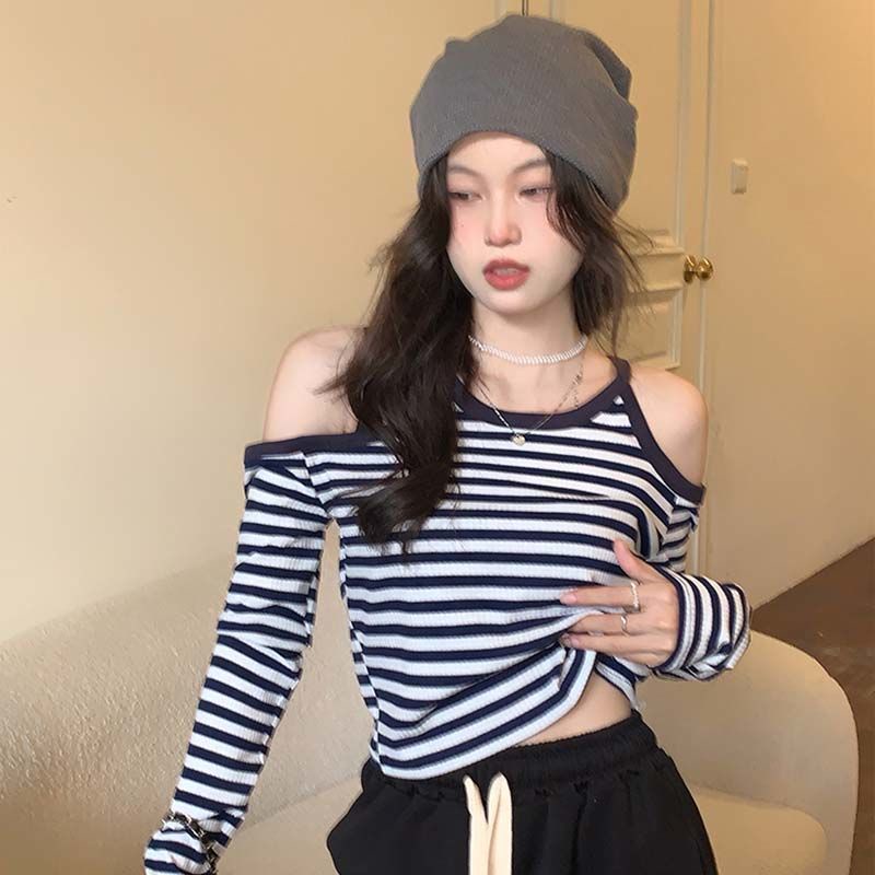 Áo Kiểu Trễ Vai Tay Dài Hoạ Tiết Kẻ Sọc Thiết Kế Độc Đáo Thời Trang Xuân Thu Cho Phái Nữ