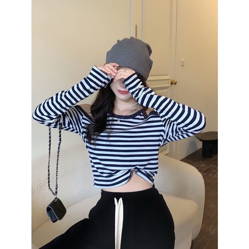 Áo Kiểu Trễ Vai Tay Dài Hoạ Tiết Kẻ Sọc Thiết Kế Độc Đáo Thời Trang Xuân Thu Cho Phái Nữ