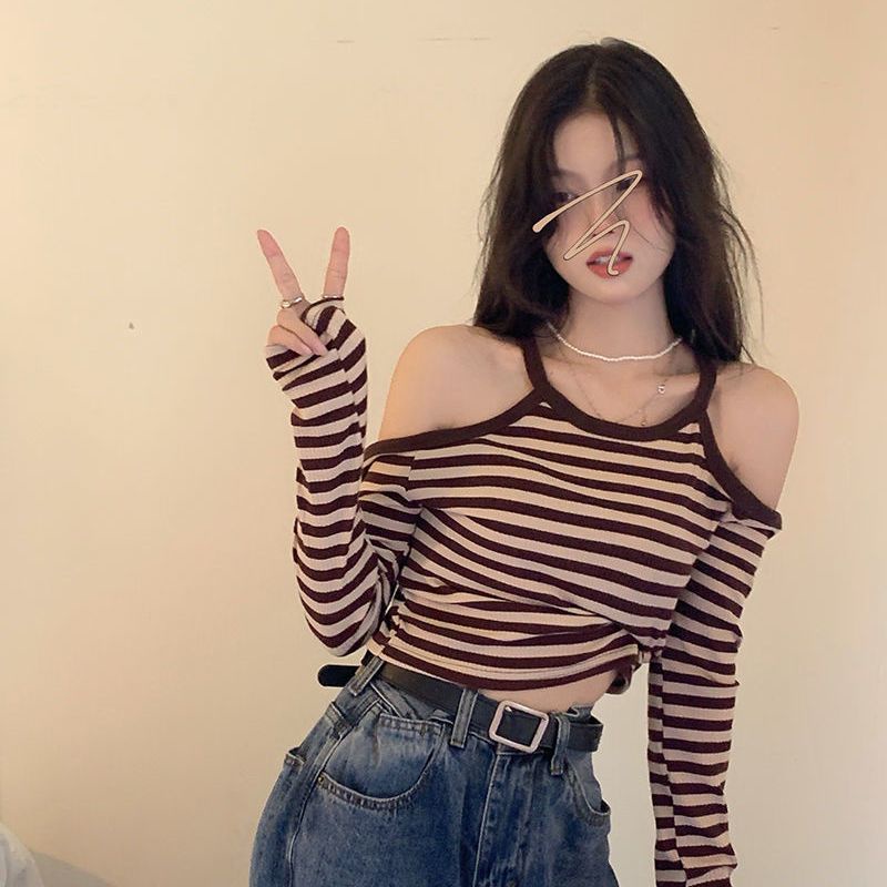 Áo Kiểu Trễ Vai Tay Dài Hoạ Tiết Kẻ Sọc Thiết Kế Độc Đáo Thời Trang Xuân Thu Cho Phái Nữ