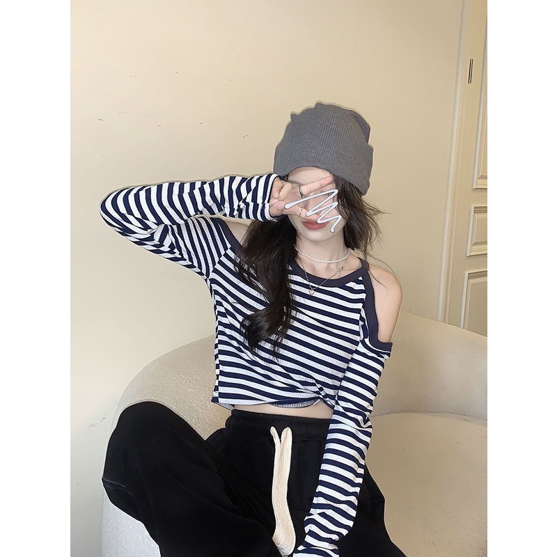 Áo Kiểu Trễ Vai Tay Dài Hoạ Tiết Kẻ Sọc Thiết Kế Độc Đáo Thời Trang Xuân Thu Cho Phái Nữ