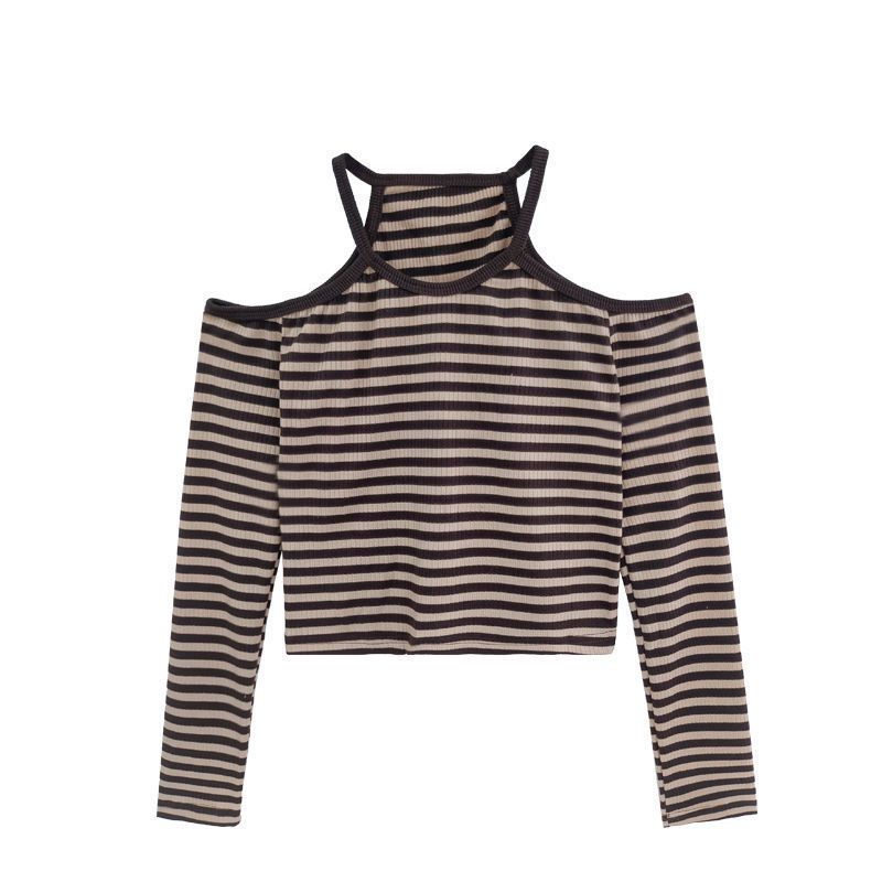 Áo Kiểu Trễ Vai Tay Dài Hoạ Tiết Kẻ Sọc Thiết Kế Độc Đáo Thời Trang Xuân Thu Cho Phái Nữ