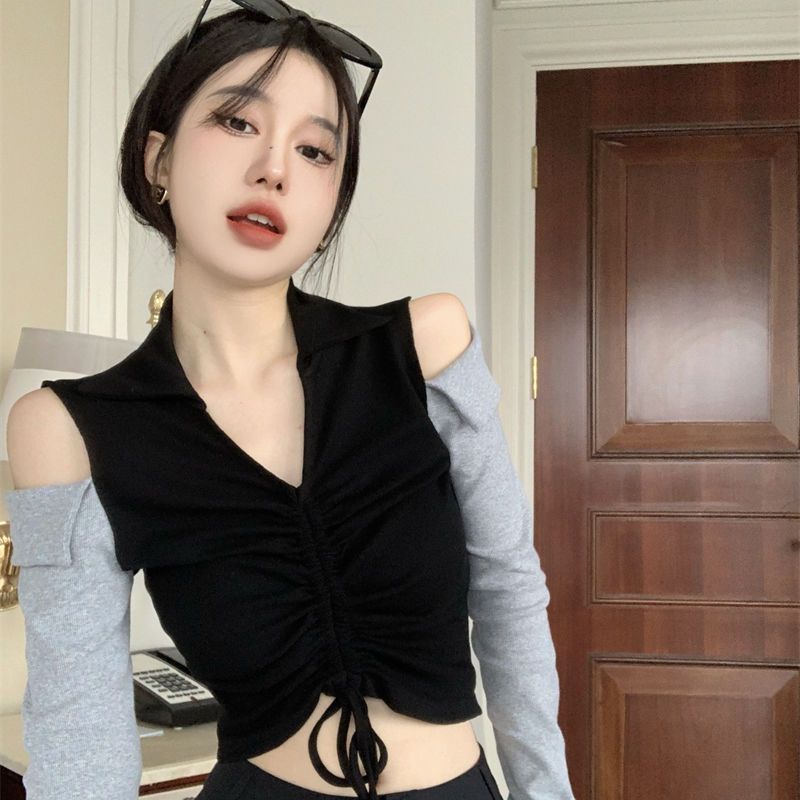 Jiashucheng Áo Thun Tay Dài Cổ Chữ V Màu Tương Phản Phong Cách Mới Mùa Thu Cho Nữ