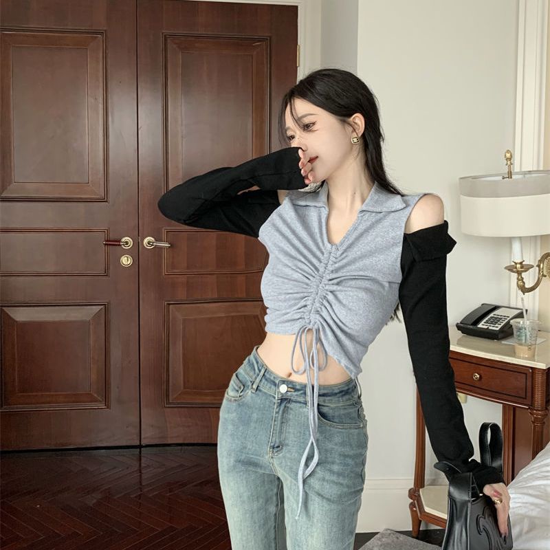 Jiashucheng Áo Thun Tay Dài Cổ Chữ V Màu Tương Phản Phong Cách Mới Mùa Thu Cho Nữ