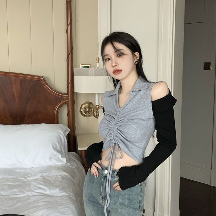 Jiashucheng Áo Thun Tay Dài Cổ Chữ V Màu Tương Phản Phong Cách Mới Mùa Thu Cho Nữ