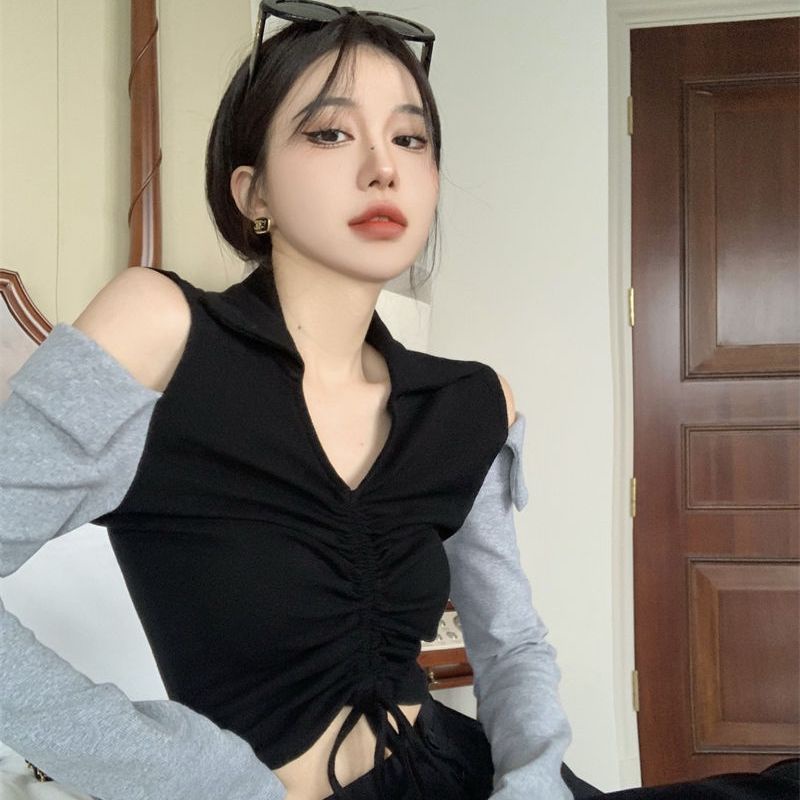 Jiashucheng Áo Thun Tay Dài Cổ Chữ V Màu Tương Phản Phong Cách Mới Mùa Thu Cho Nữ