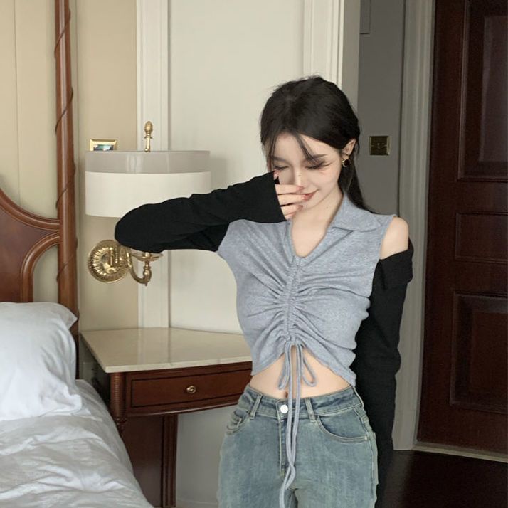 Jiashucheng Áo Thun Tay Dài Cổ Chữ V Màu Tương Phản Phong Cách Mới Mùa Thu Cho Nữ