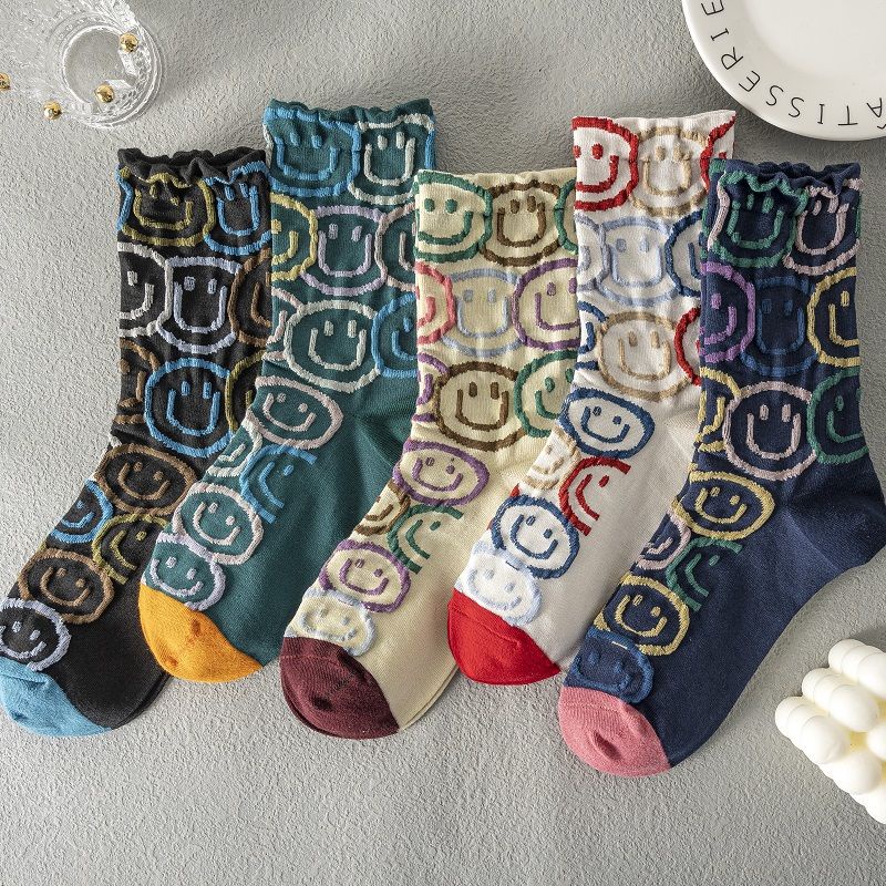 Vớ Cotton Cổ Cao Họa Tiết Mặt Cười Thời Trang Xuân Thu Cho Nữ