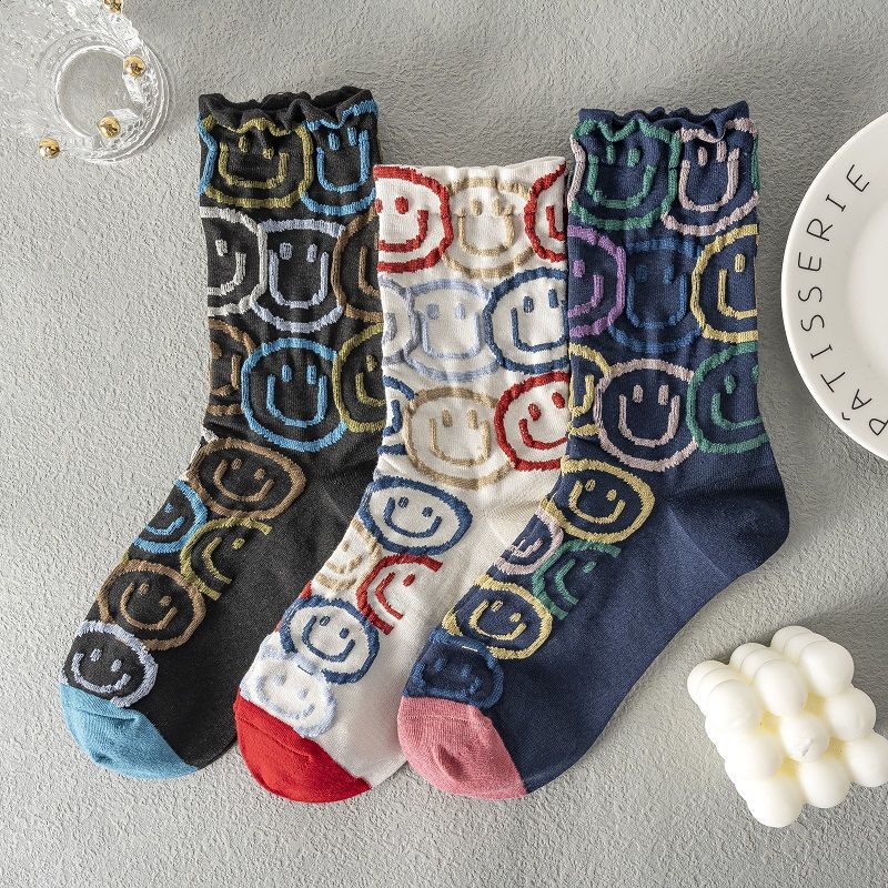 Vớ Cotton Cổ Cao Họa Tiết Mặt Cười Thời Trang Xuân Thu Cho Nữ
