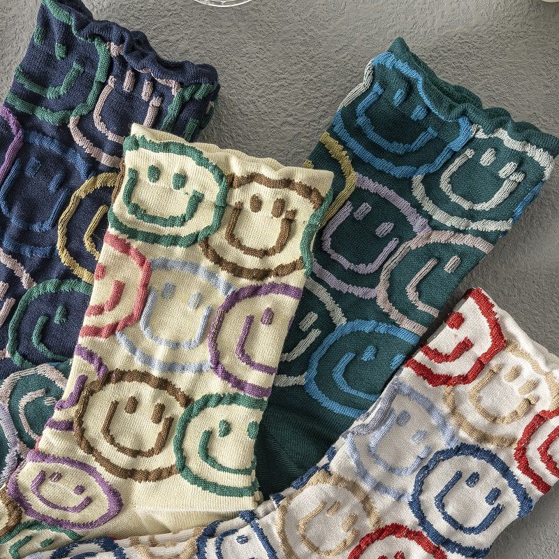 Vớ Cotton Cổ Cao Họa Tiết Mặt Cười Thời Trang Xuân Thu Cho Nữ