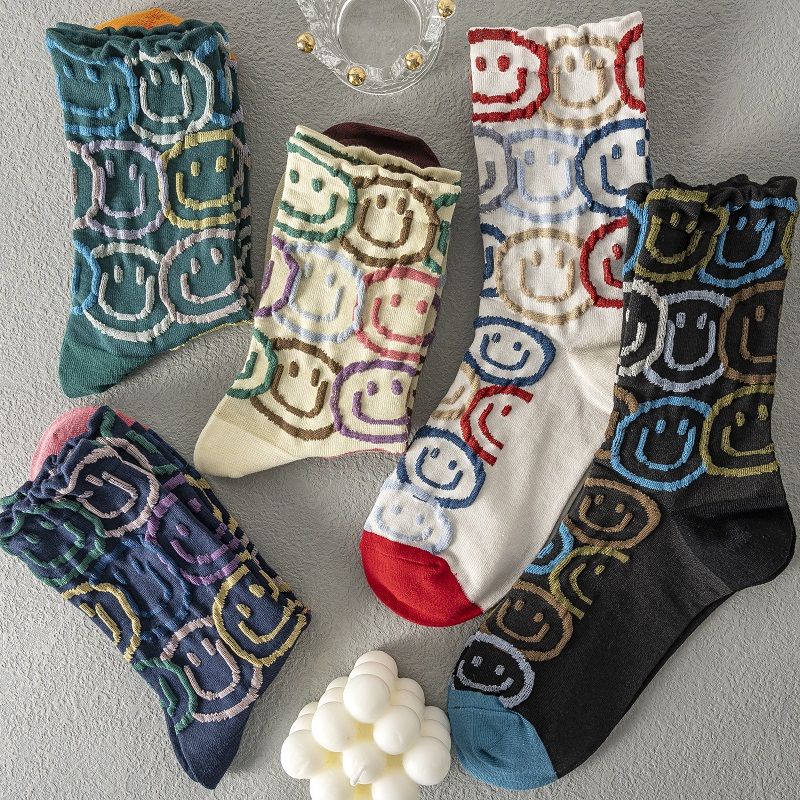 Vớ Cotton Cổ Cao Họa Tiết Mặt Cười Thời Trang Xuân Thu Cho Nữ