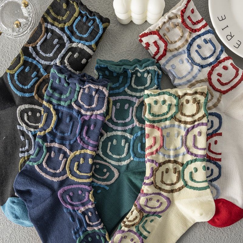 Vớ Cotton Cổ Cao Họa Tiết Mặt Cười Thời Trang Xuân Thu Cho Nữ