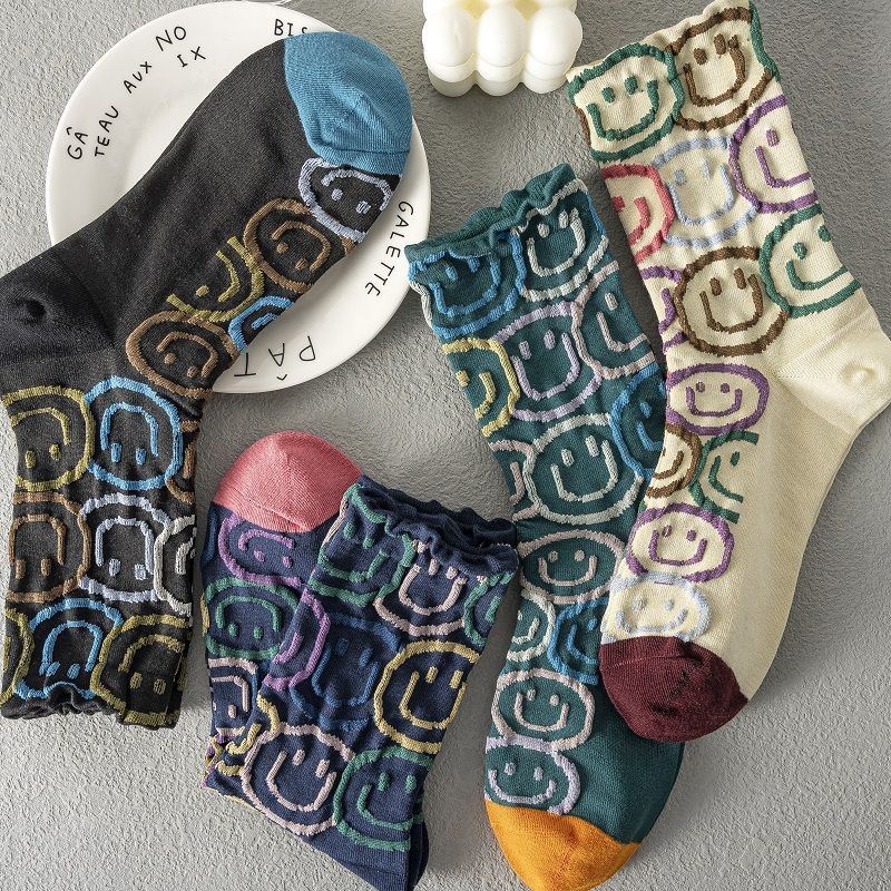 Vớ Cotton Cổ Cao Họa Tiết Mặt Cười Thời Trang Xuân Thu Cho Nữ