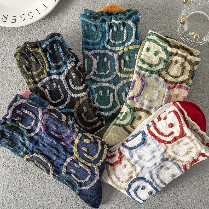 Vớ Cotton Cổ Cao Họa Tiết Mặt Cười Thời Trang Xuân Thu Cho Nữ