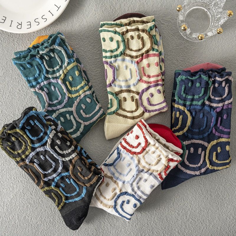 Vớ Cotton Cổ Cao Họa Tiết Mặt Cười Thời Trang Xuân Thu Cho Nữ