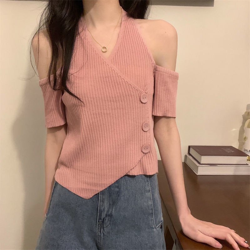 Áo Thun Dệt Kim Ngắn Tay Cổ Chữ v Dáng Ôm Gợi Cảm Thời Trang Mùa Hè Hàng Mới Dành Cho Bạn Nữ