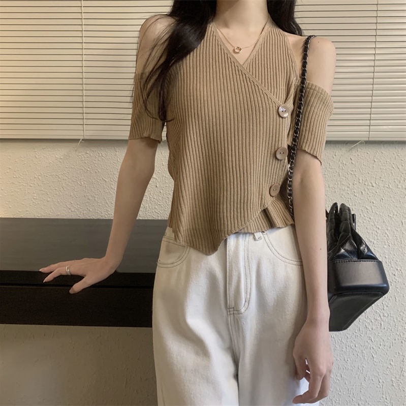 Áo Thun Dệt Kim Ngắn Tay Cổ Chữ v Dáng Ôm Gợi Cảm Thời Trang Mùa Hè Hàng Mới Dành Cho Bạn Nữ