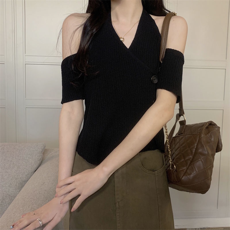 Áo Thun Dệt Kim Ngắn Tay Cổ Chữ v Dáng Ôm Gợi Cảm Thời Trang Mùa Hè Hàng Mới Dành Cho Bạn Nữ