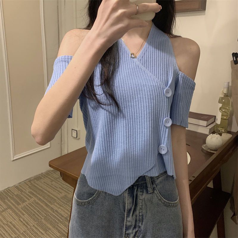Áo Thun Dệt Kim Ngắn Tay Cổ Chữ v Dáng Ôm Gợi Cảm Thời Trang Mùa Hè Hàng Mới Dành Cho Bạn Nữ