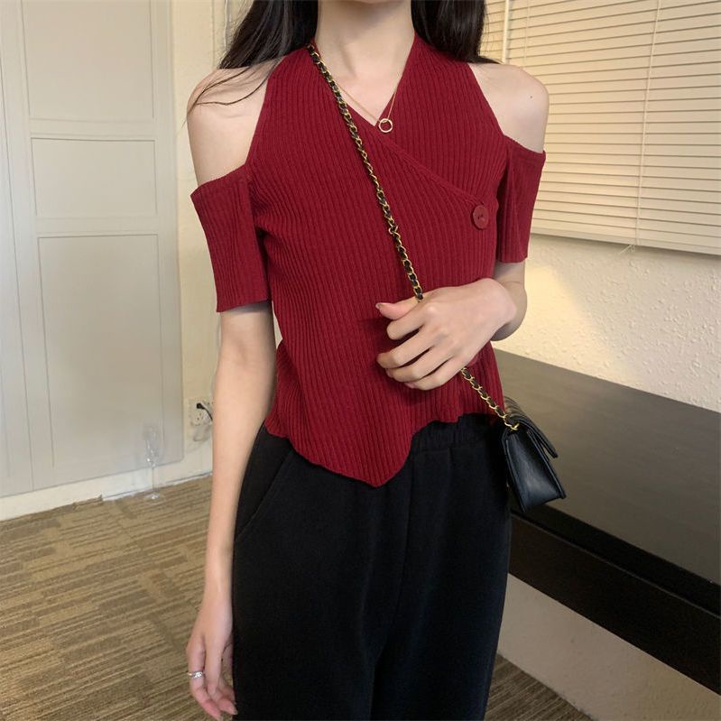 Áo Thun Dệt Kim Ngắn Tay Cổ Chữ v Dáng Ôm Gợi Cảm Thời Trang Mùa Hè Hàng Mới Dành Cho Bạn Nữ