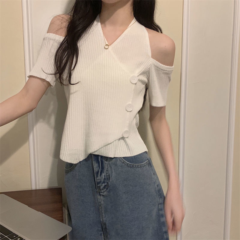Áo Thun Dệt Kim Ngắn Tay Cổ Chữ v Dáng Ôm Gợi Cảm Thời Trang Mùa Hè Hàng Mới Dành Cho Bạn Nữ