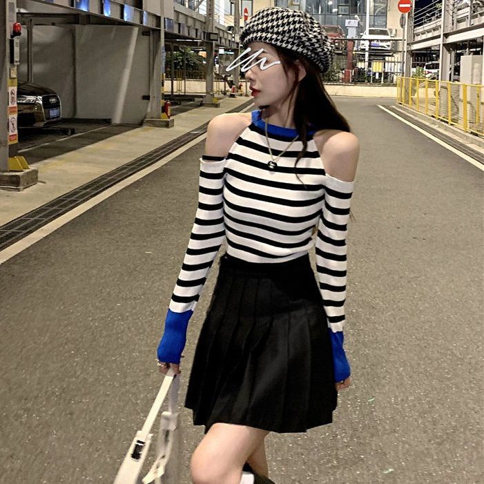 Áo Len Tay Dài Hở Vai Họa Tiết Kẻ Sọc Phong Cách Cổ Điển Thời Trang Mùa Xuân Hàng Mới Dành Cho Bạn Nữ