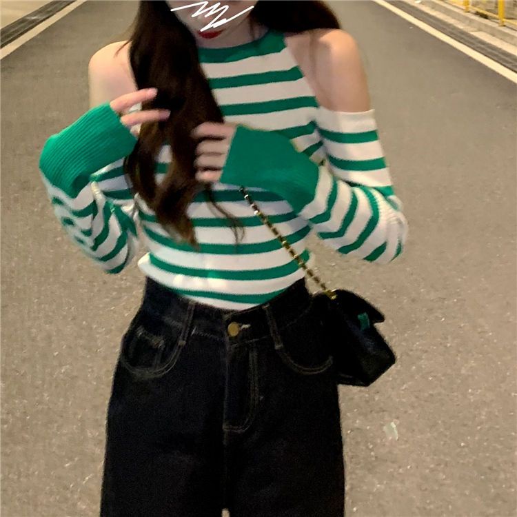 Áo Len Tay Dài Hở Vai Họa Tiết Kẻ Sọc Phong Cách Cổ Điển Thời Trang Mùa Xuân Hàng Mới Dành Cho Bạn Nữ