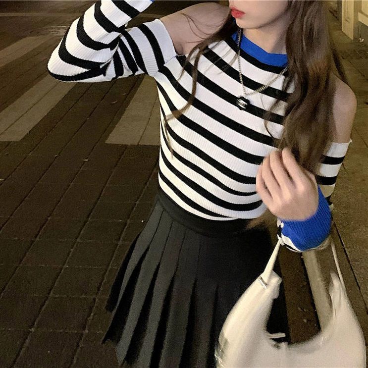 Áo Len Tay Dài Hở Vai Họa Tiết Kẻ Sọc Phong Cách Cổ Điển Thời Trang Mùa Xuân Hàng Mới Dành Cho Bạn Nữ