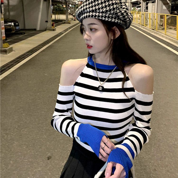 Áo Len Tay Dài Hở Vai Họa Tiết Kẻ Sọc Phong Cách Cổ Điển Thời Trang Mùa Xuân Hàng Mới Dành Cho Bạn Nữ