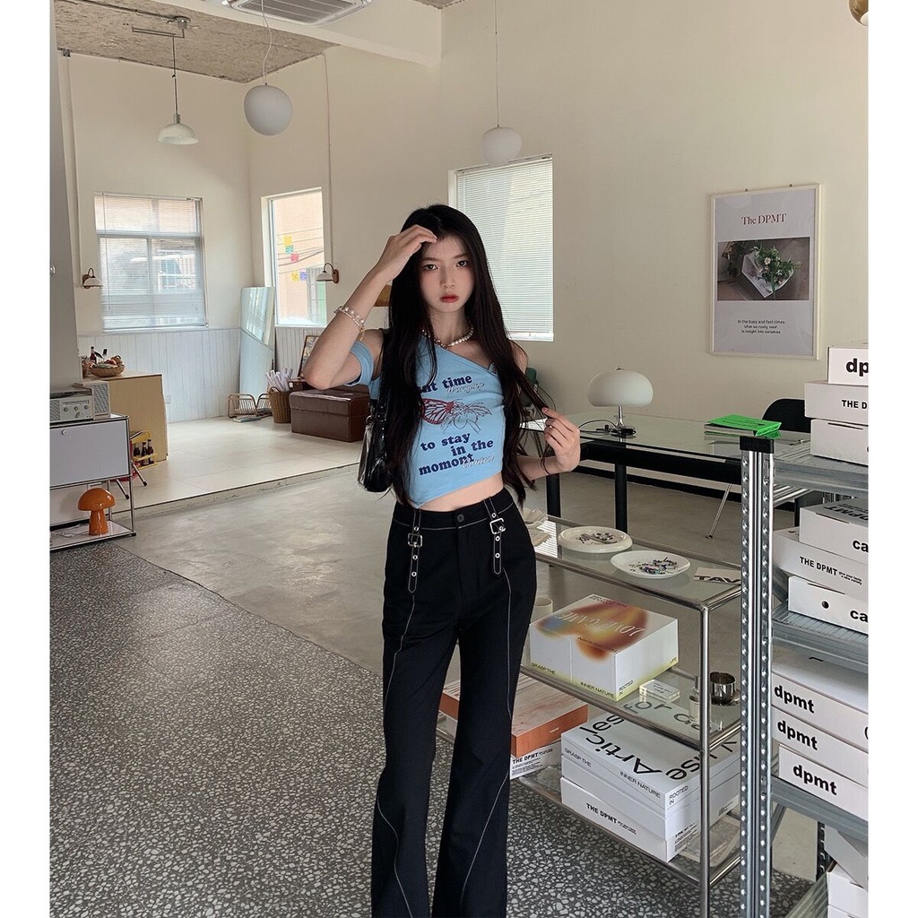 Jiashucheng Áo Thun Ngắn Hở Vai Ôm Eo Kiểu Mỹ Ngọt Ngào Thời Trang Mùa Hè Cho Nữ Sinh