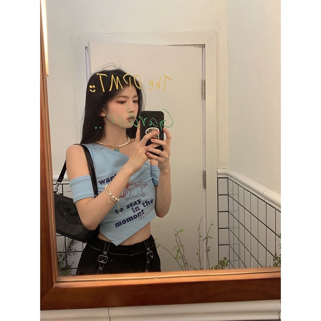 Jiashucheng Áo Thun Ngắn Hở Vai Ôm Eo Kiểu Mỹ Ngọt Ngào Thời Trang Mùa Hè Cho Nữ Sinh