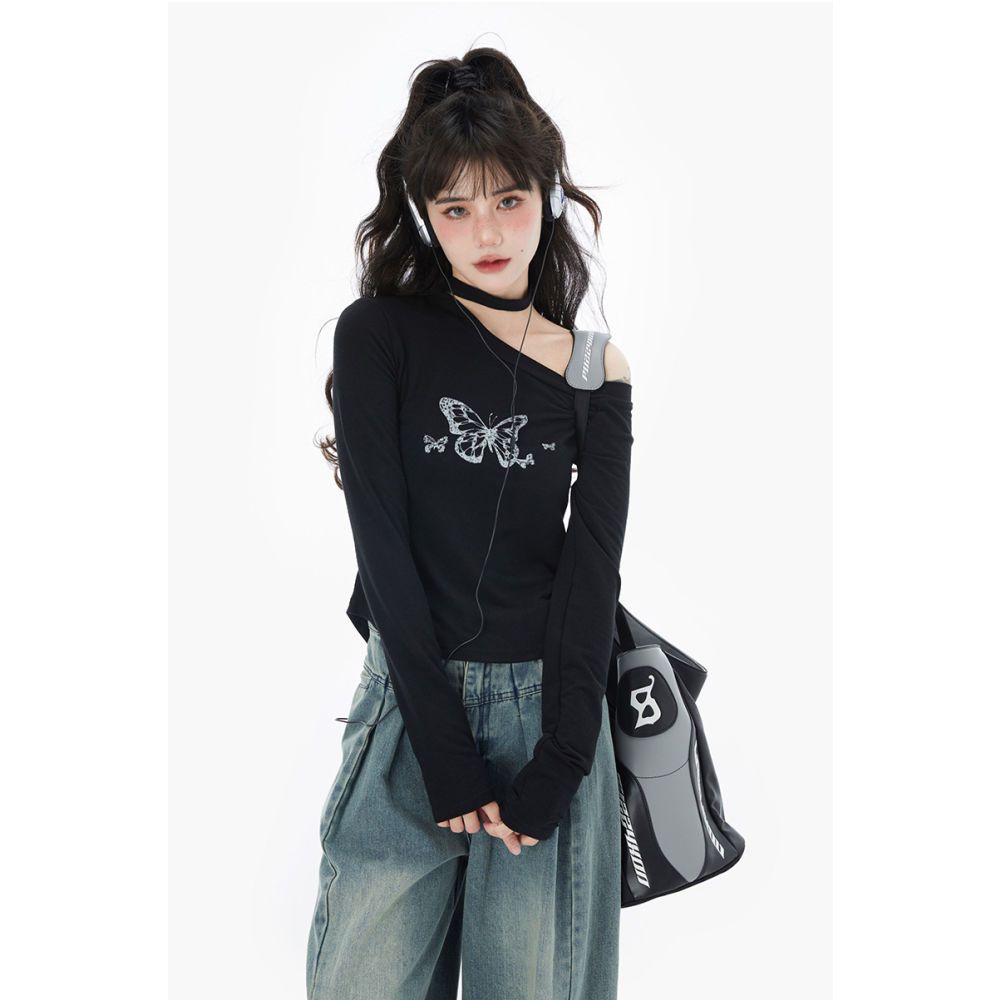 Áo Thun Trễ Vai Dài Tay In Hình Bướm Phong Cách Hàn Quốc