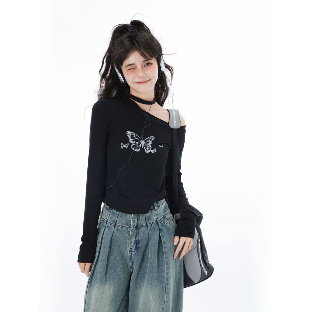 Áo Thun Trễ Vai Dài Tay In Hình Bướm Phong Cách Hàn Quốc