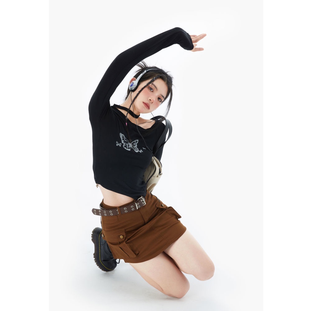 Áo Thun Trễ Vai Dài Tay In Hình Bướm Phong Cách Hàn Quốc