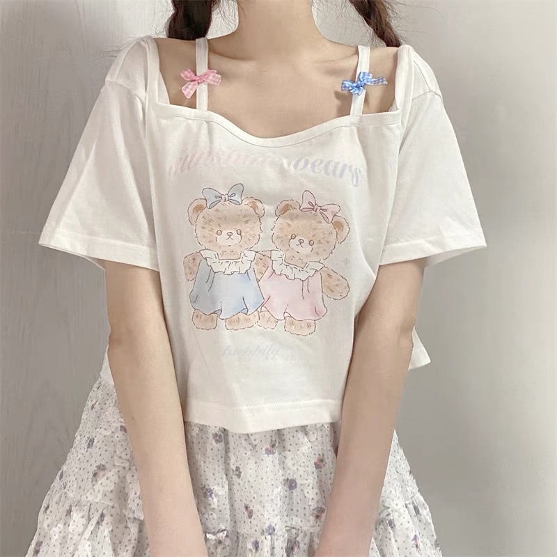 Áo Thun Nữ Ngắn Tay Trễ Vai In Hình Gấu Dễ Thương