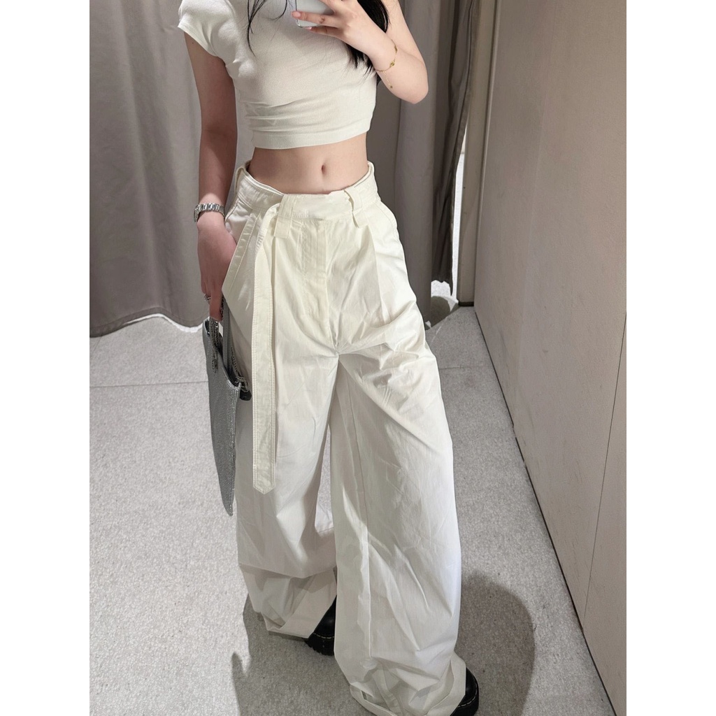 Jiashucheng Quần Dài Lưng Cao Ống Rộng Màu Trắng Phong Cách Hip Hop Mỹ Thời Trang Mùa Hè Cá Tính Cho Nữ