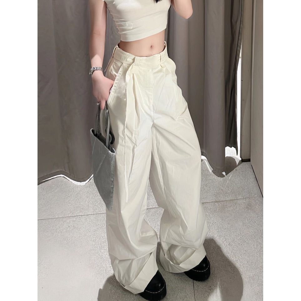 Jiashucheng Quần Dài Lưng Cao Ống Rộng Màu Trắng Phong Cách Hip Hop Mỹ Thời Trang Mùa Hè Cá Tính Cho Nữ