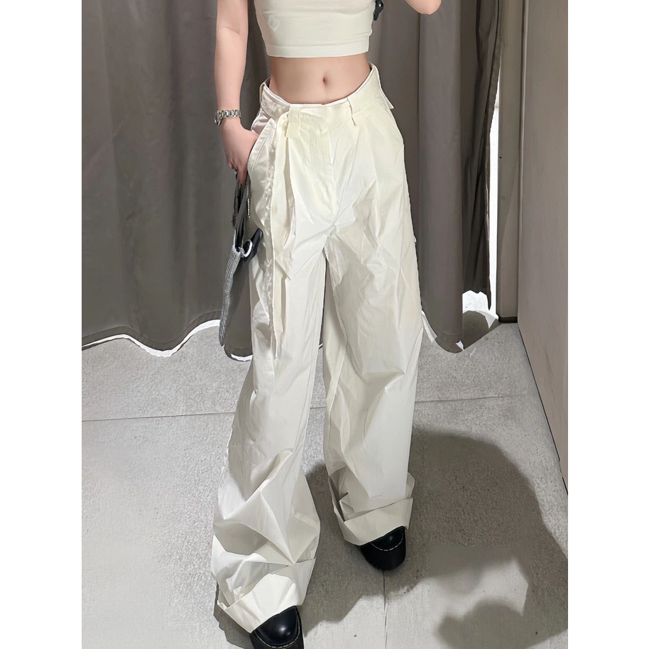 Jiashucheng Quần Dài Lưng Cao Ống Rộng Màu Trắng Phong Cách Hip Hop Mỹ Thời Trang Mùa Hè Cá Tính Cho Nữ