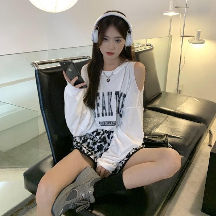 Jiashucheng Áo Thun Tay Dài Hở Vai Mùa Thu In Họa Tiết Phong Cách Mới