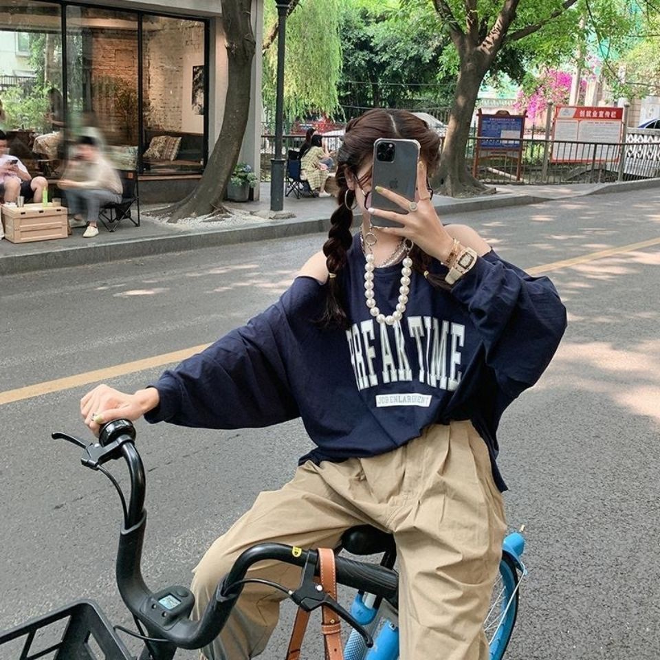 Jiashucheng Áo Thun Tay Dài Hở Vai Mùa Thu In Họa Tiết Phong Cách Mới