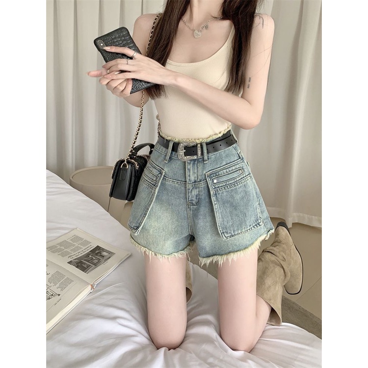 Jiashucheng Quần Short Denim Chữ a Lưng Cao Dáng Rộng Viền Tua Rua Thiết Kế Mới Thời Trang Mùa Hè Dành Cho Bạn Nữ