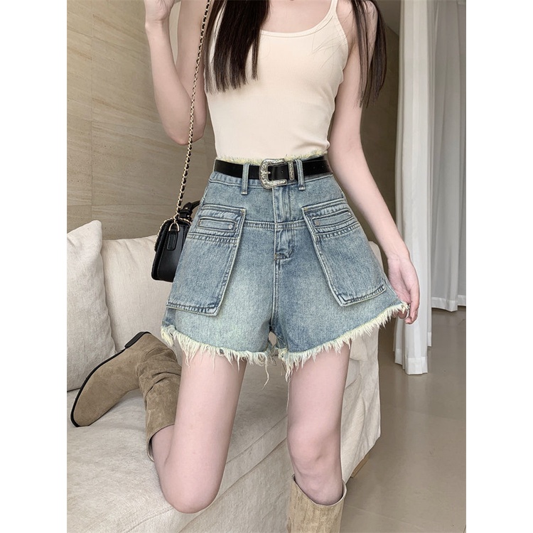 Jiashucheng Quần Short Denim Chữ a Lưng Cao Dáng Rộng Viền Tua Rua Thiết Kế Mới Thời Trang Mùa Hè Dành Cho Bạn Nữ