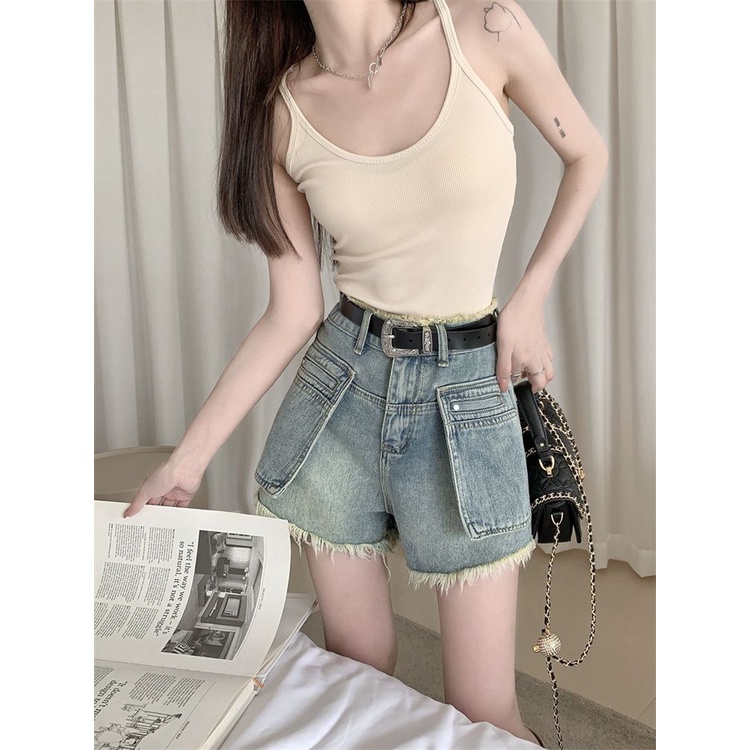 Jiashucheng Quần Short Denim Chữ a Lưng Cao Dáng Rộng Viền Tua Rua Thiết Kế Mới Thời Trang Mùa Hè Dành Cho Bạn Nữ