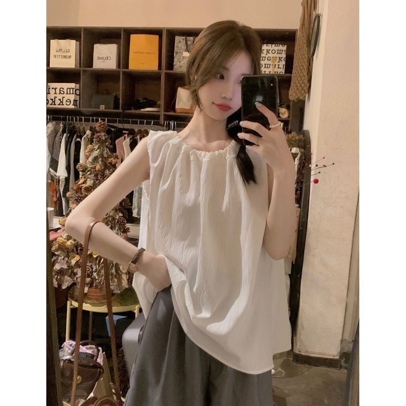 Jiashucheng Áo Hai Dây Dáng Rộng Màu Trơn Phong Cách Mới Mùa Hè Dễ Phối Đồ