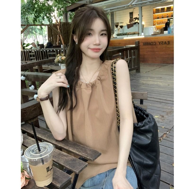 Jiashucheng Áo Hai Dây Dáng Rộng Màu Trơn Phong Cách Mới Mùa Hè Dễ Phối Đồ