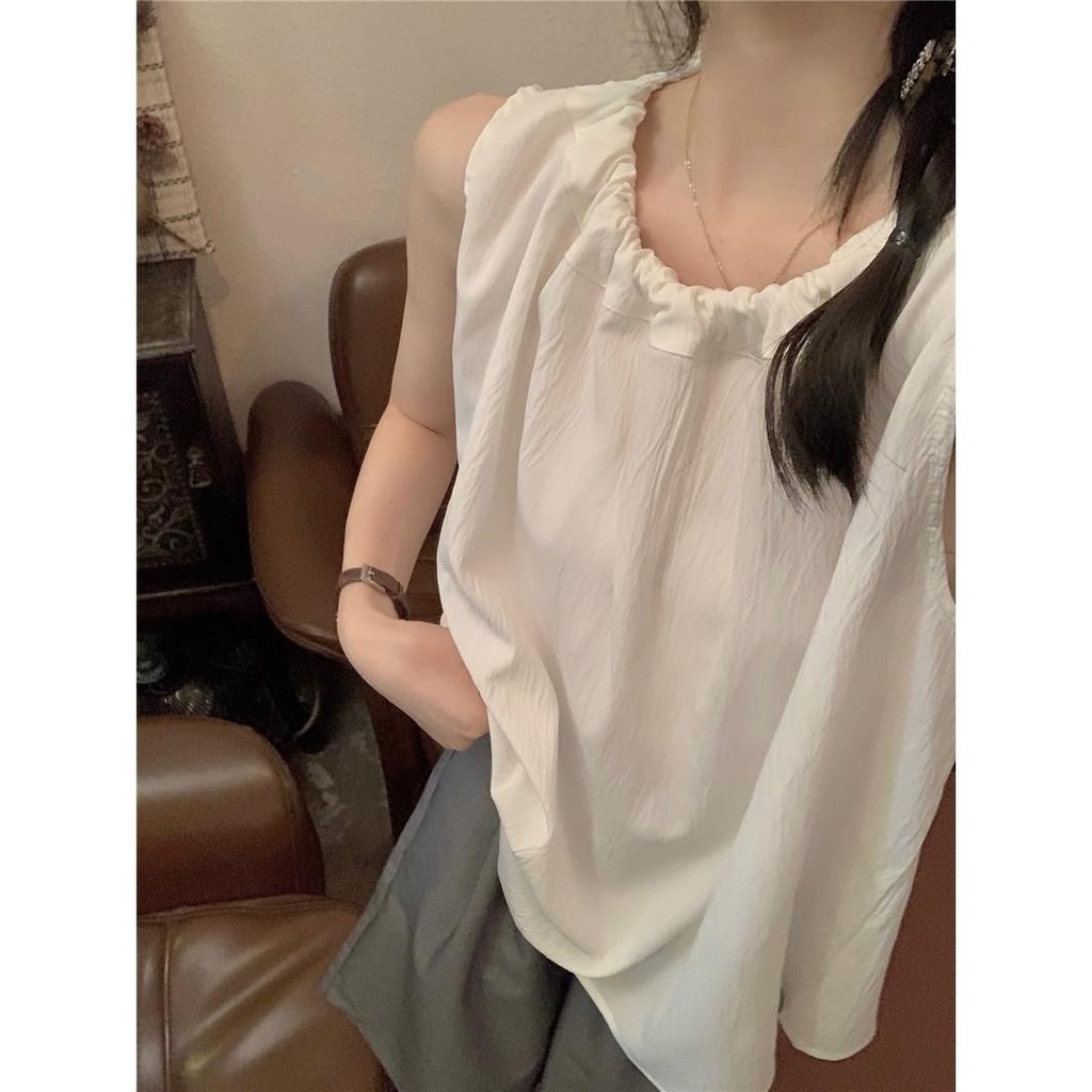 Jiashucheng Áo Hai Dây Dáng Rộng Màu Trơn Phong Cách Mới Mùa Hè Dễ Phối Đồ