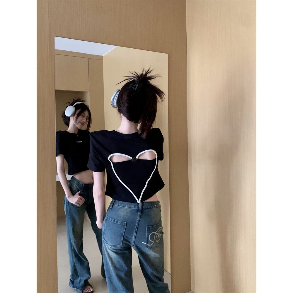 Áo Thun Tay Ngắn Dáng Ôm Vải Lụa Lạnh Họa Tiết Trái Tim Khoét Lỗ Thời Trang Mùa Hè Hàng Mới Dành Cho Bạn Nữ
