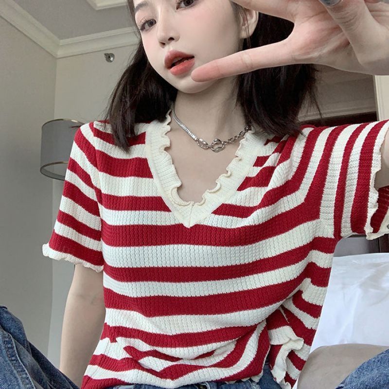 Áo Dệt Kim Ngắn Tay Cổ Chữ v Họa Tiết Kẻ Sọc Thời Trang Mùa Hè Phong Cách Hàn Quốc Cho Nữ