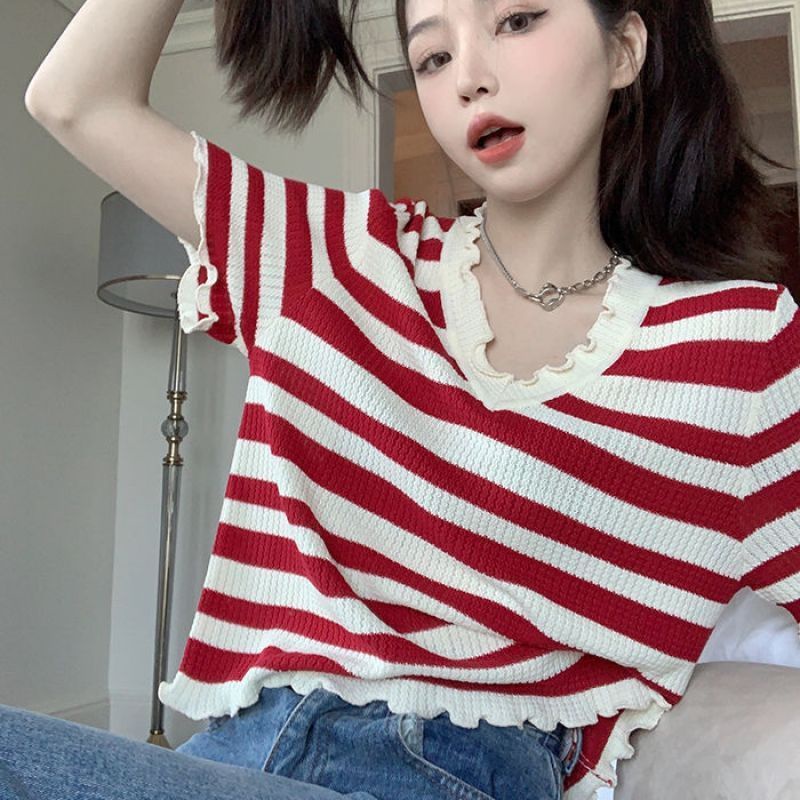 Áo Dệt Kim Ngắn Tay Cổ Chữ v Họa Tiết Kẻ Sọc Thời Trang Mùa Hè Phong Cách Hàn Quốc Cho Nữ