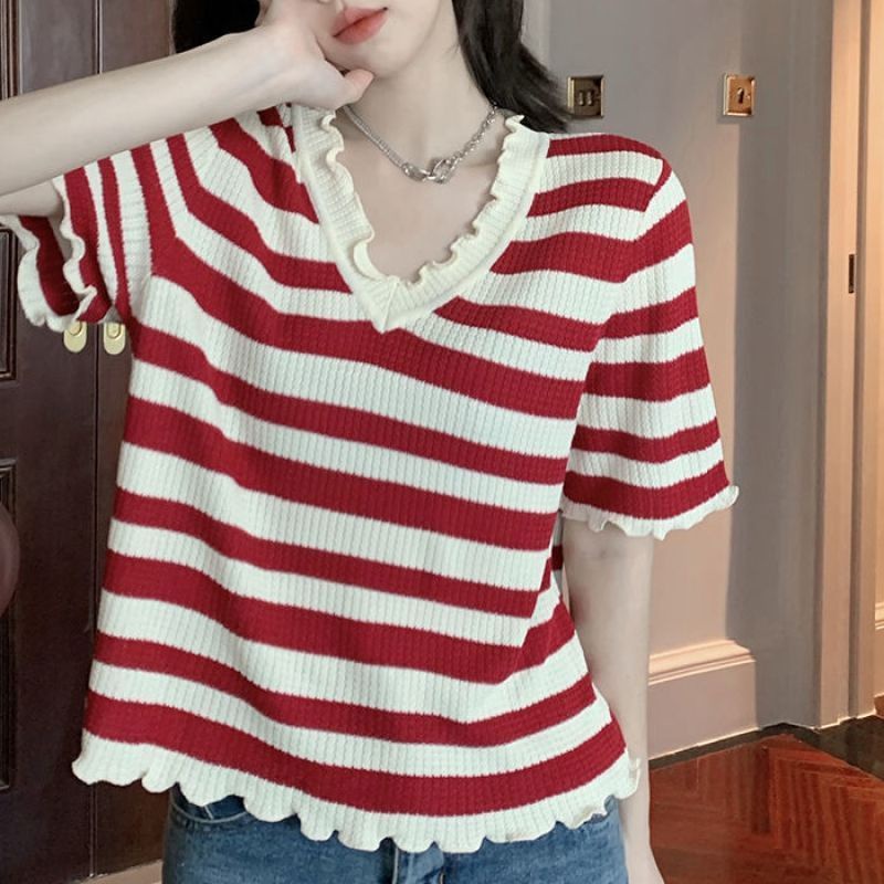 Áo Dệt Kim Ngắn Tay Cổ Chữ v Họa Tiết Kẻ Sọc Thời Trang Mùa Hè Phong Cách Hàn Quốc Cho Nữ