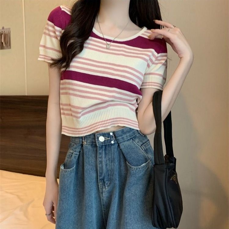 Áo Thun Tay Ngắn Cổ Chữ U Họa Tiết Kẻ Sọc Màu Sắc Thời Trang Mùa Hè Phong Cách Hàn Quốc Cho Nữ